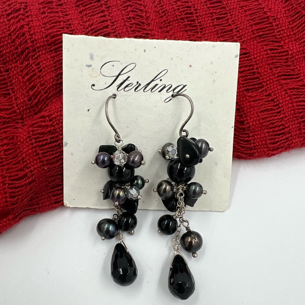 New Sterling Silver Black Onyx, Quartz & Pearls Cluster Drop Earrings